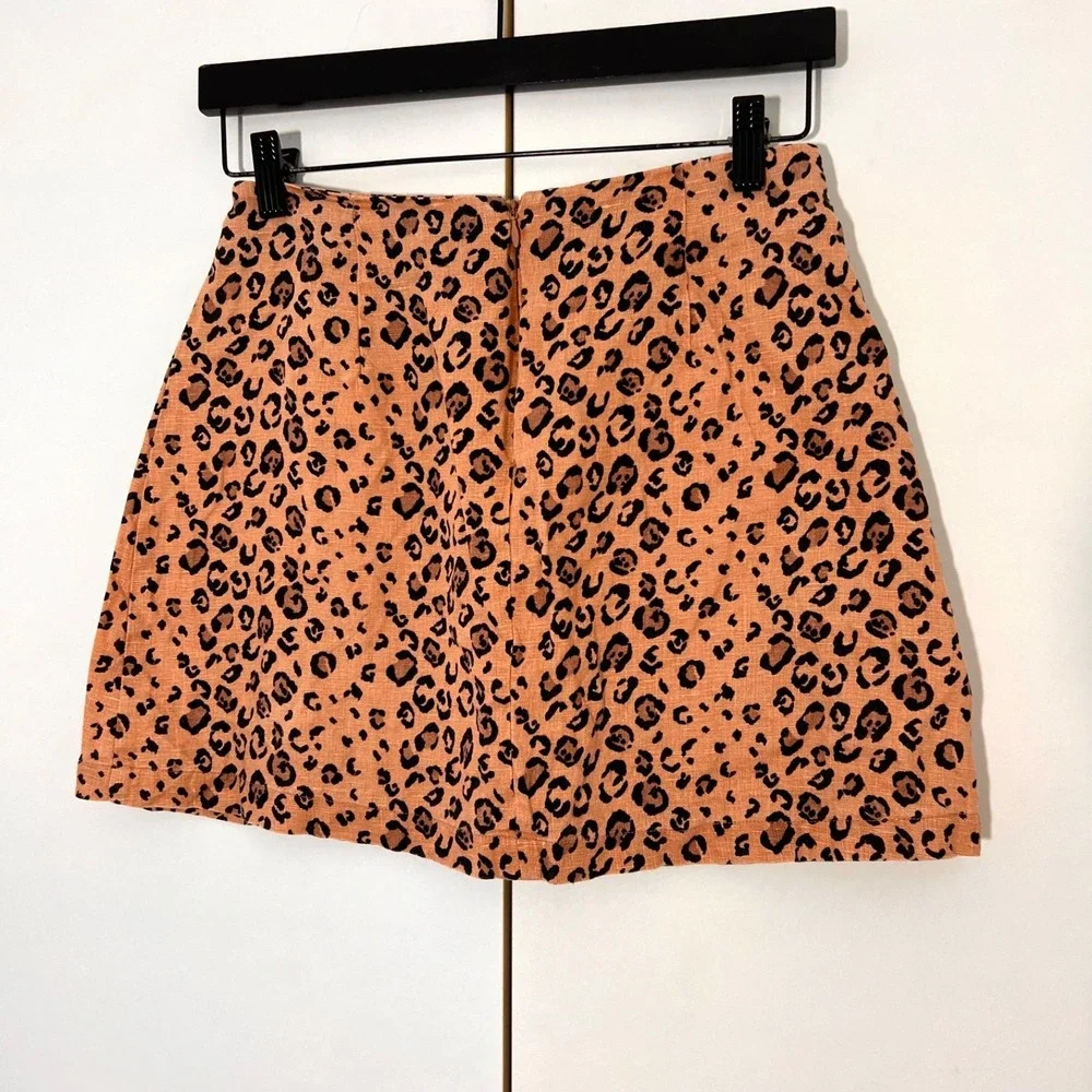 Reformation Cady Mini Skirt Small Tan Leopard Print Linen Slit A-Line Party Boho